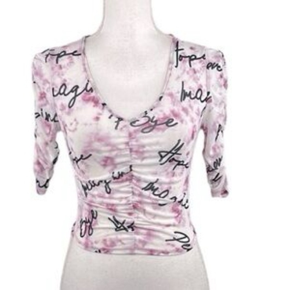 Love J Pink and White Mesh Tie-Dye Ruched Half Sleeve Crop Top